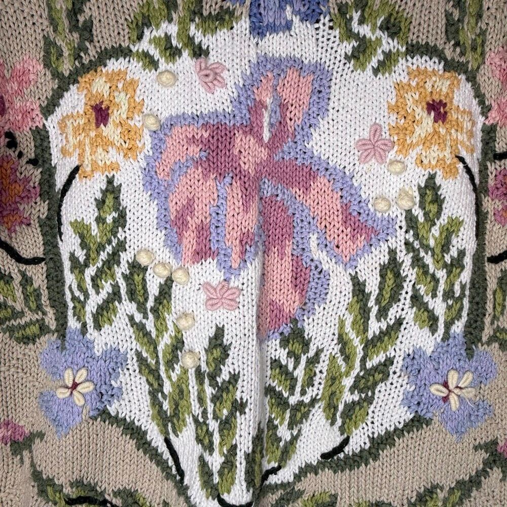 Vintage Rosanna Sweater Beige Floral Hand-knit Cotton Oversized Size L Slouchy - Picture 3 of 13